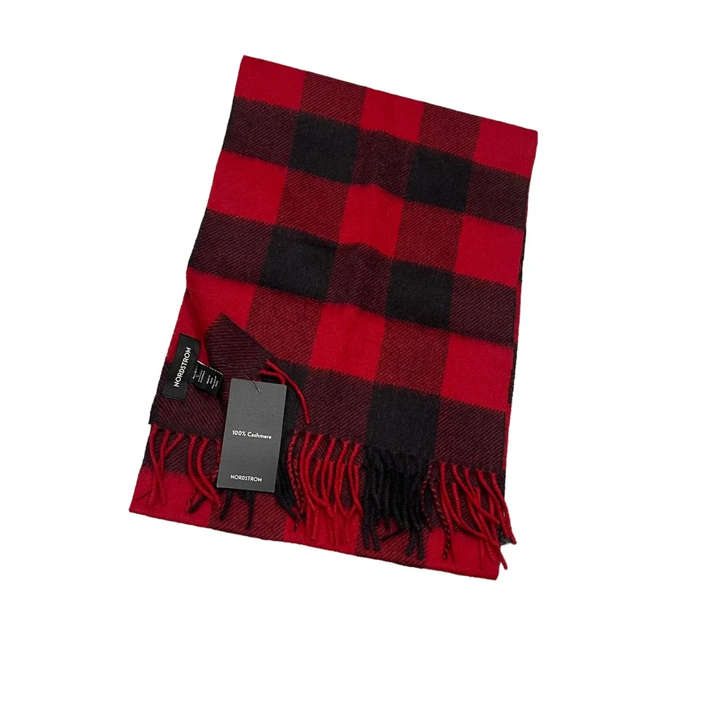 New Nordstrom Red Rio Black Buff Check Buffalo Plaid 100% Cashmere Fringe Scarf